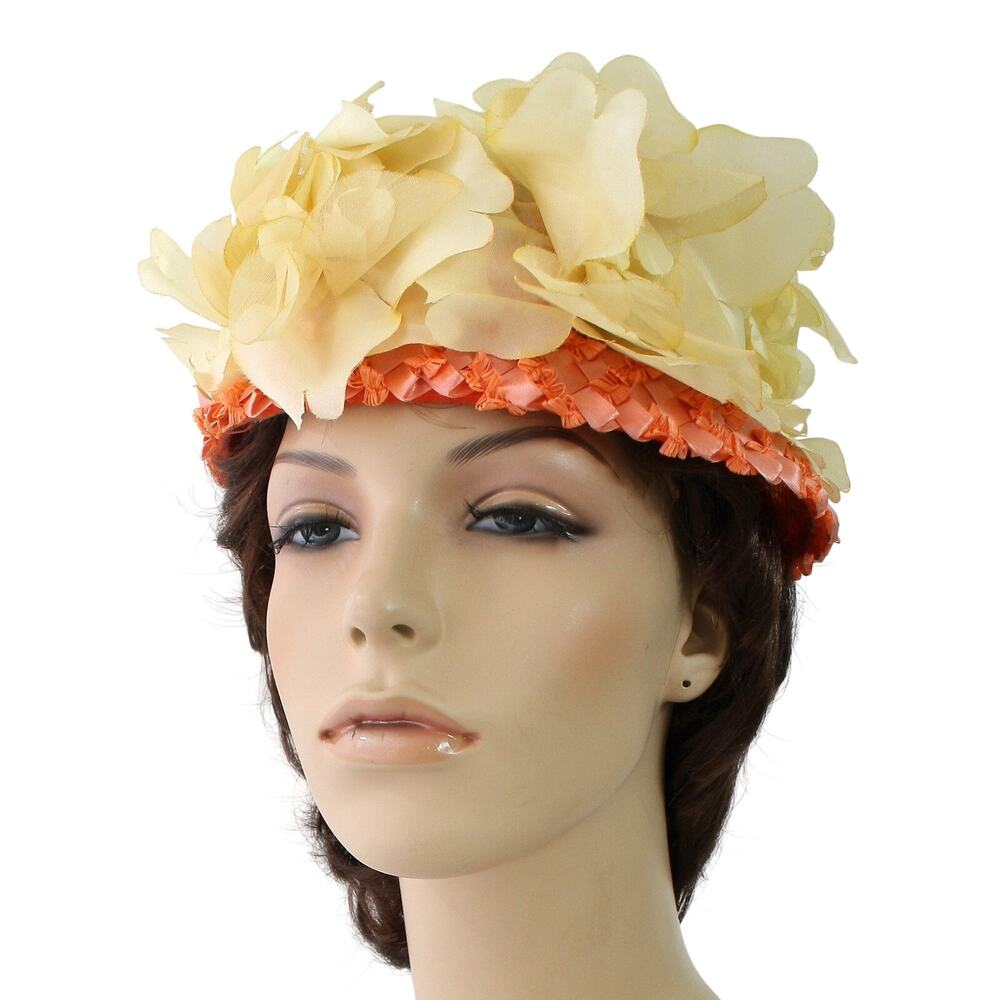 Vintage 1960s Yellow Floral Pillbox Hat Orange Raffia Brim Size 7